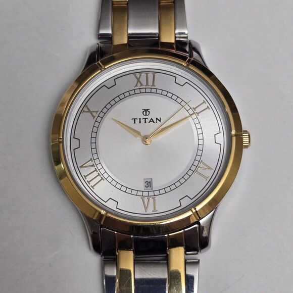 Titan 39mm Mens Unisex Quartz Watch Two Tone White Dial Date S.Steel RUNS EUC - Picture 1 of 9